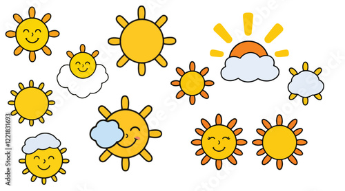 A whimsical set of minimalist sun illustrations (sunrise, sunset, high noon, cloud-covered, smiling sun) in vibrant yellow and orange tones. Isolated on a white background.