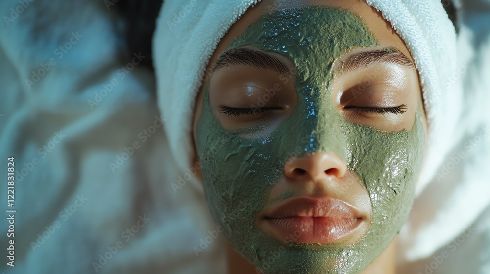 A selfcare routine captured as a woman applies a green clay mask, her face framed by clean, white towels and soft spa lighting A selfcare routine captured as a woman applies a green clay mask, her face framed by clean, white towels and soft spa lighting