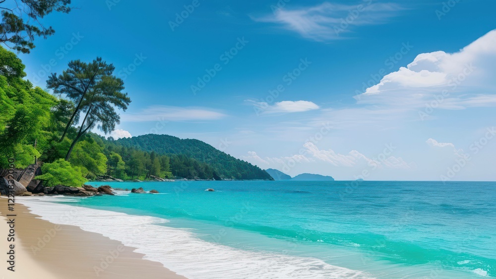 Scenic tropical beach with clear turquoise water, gentle waves, and lush green trees under a bright blue sky Scenic tropical beach with clear turquoise water, gentle waves, and lush green trees under a bright blue sky
