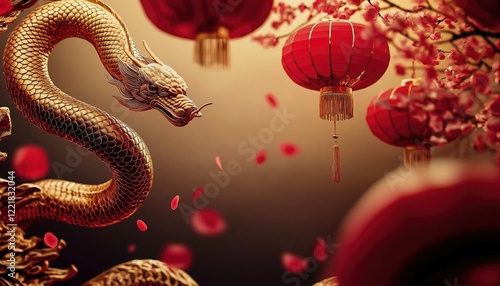 Wallpaper Mural Lunar New Year Golden Dragon with Red Lanterns and Cherry Blossoms Torontodigital.ca