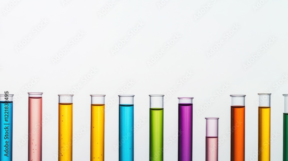 A high-resolution close-up of a set of medical test tubes with colored liquids, against a white background, Minimalist style A high-resolution close-up of a set of medical test tubes with colored liquids, against a white background, Minimalist style