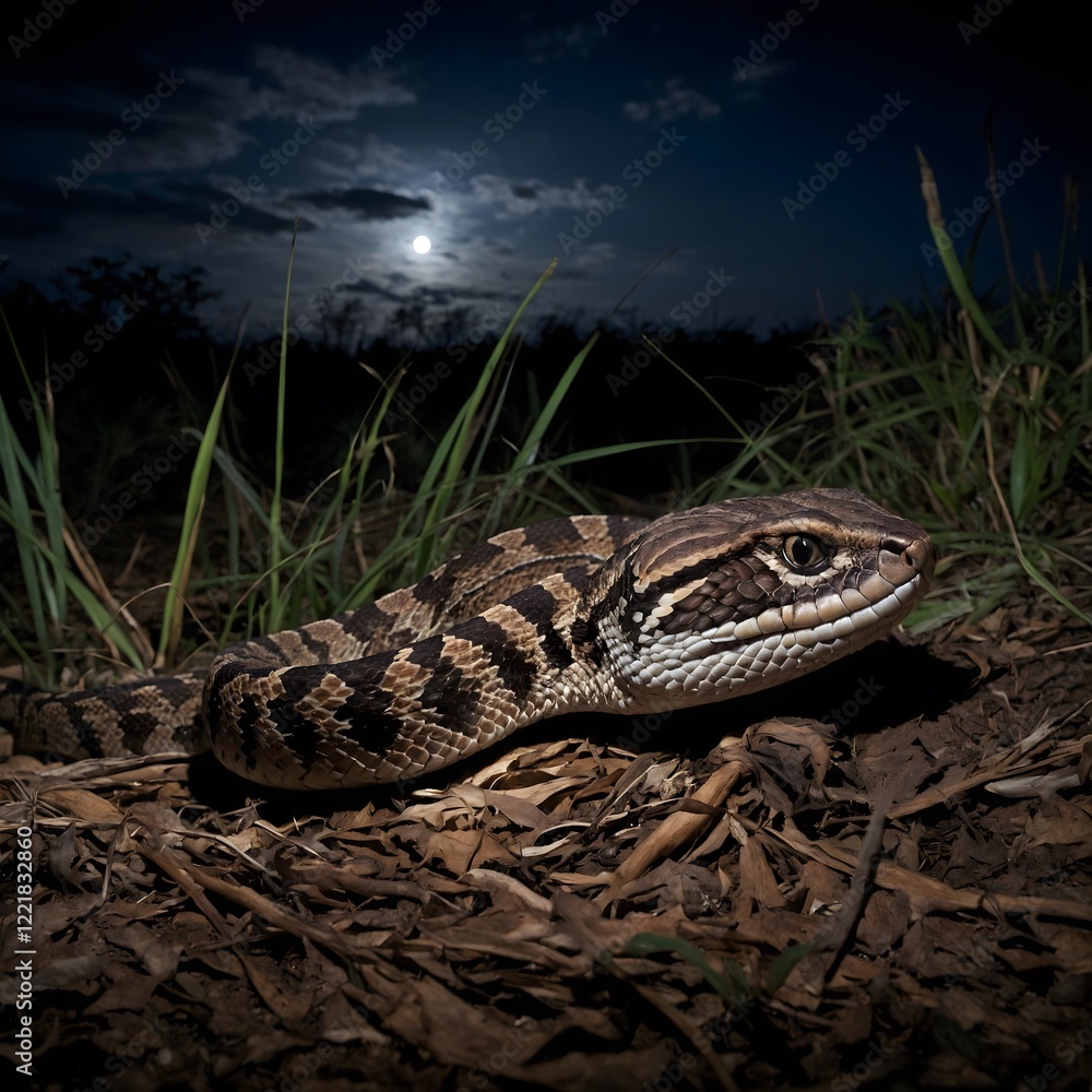 Fototapeta premium Eastern Diamondback Rattlesnake Under Moonlight in Nighttime Environment