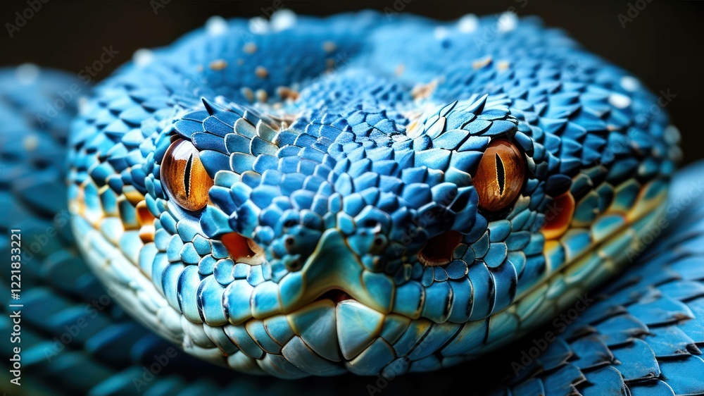 Fototapeta premium Close up of blue snake showcasing vibrant scales and striking eyes, representing exotic wildlife and natural beauty