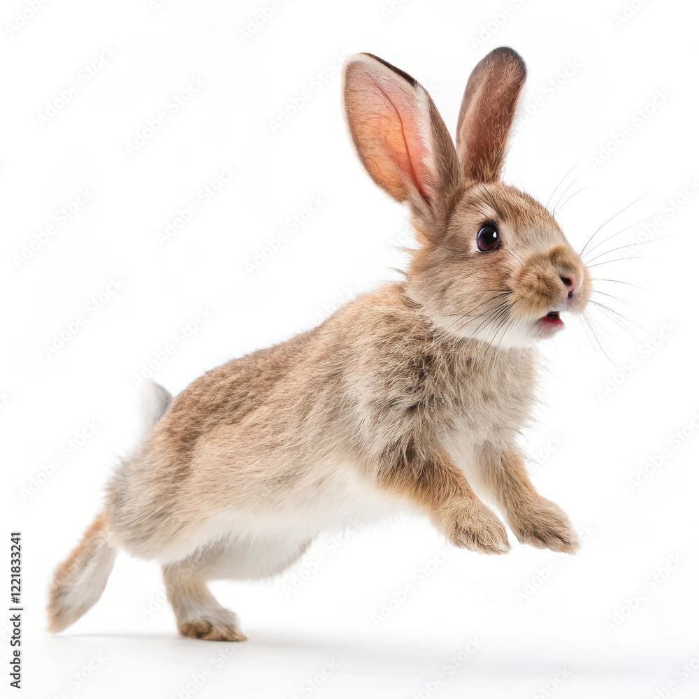 cute rabbit with big ears joyfully jumps in air against white background cute rabbit with big ears joyfully jumps in air against white background