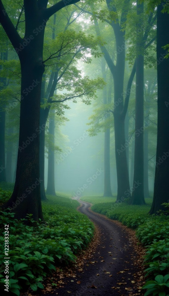 Naklejka premium misty forest with towering trees and a winding path, peaceful atmosphere, pathway