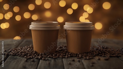 A simple yet elegant coffee setup with two kraft coffee cups, surrounded by coffee beans on a rustic wooden surface, brown blurred background creating a warm ambiance photo