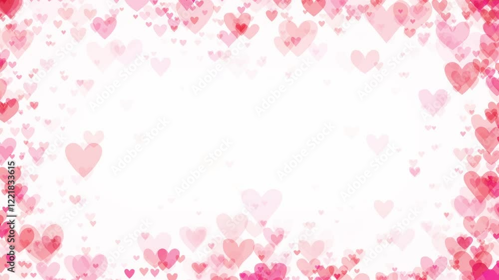 Red and pink hearts creating border on white background for Valentine's day. Heart particles floating to center frame for a romantic theme celebrating love, passion, or for Valentines day background.