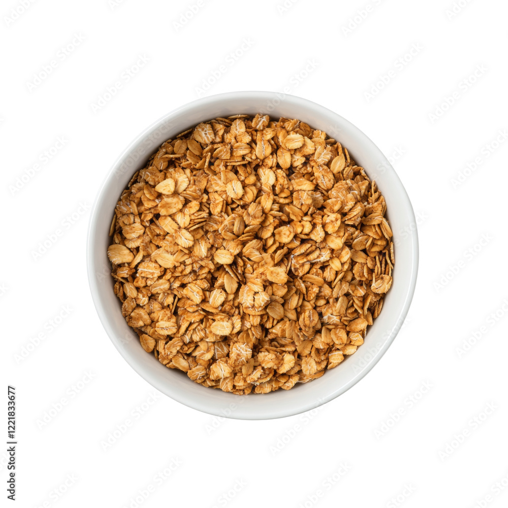 Crunchy granola in white bowl, perfect for breakfast or snacks. This wholesome food is rich in fiber and nutrients, ideal for healthy lifestyle Crunchy granola in white bowl, perfect for breakfast or snacks. This wholesome food is rich in fiber and nutrients, ideal for healthy lifestyle