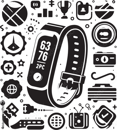 Fitness Tracker Silhouette line art vector illustration on white background