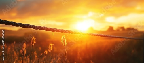 Breathtaking sunset landscape with glowing golden light bathing lush green meadows and silhouetted mountains on the horizon