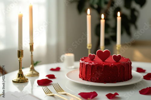 A delicious Valentine day romantic love cake decorated with hearts