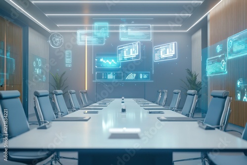 Floating holographic AI presentations enhance this sleek conference room.