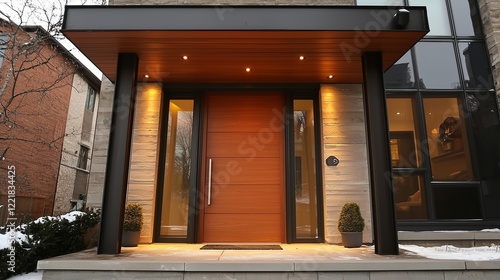 Urban entryway features a warmly toned wood door with steel accents.