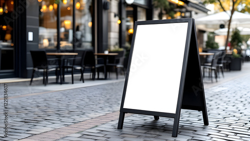 Blank sidewalk sign outside cafe