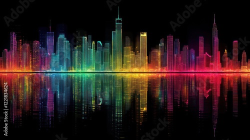 Neon Cityscape: A vibrant, digital illustration of a modern city reflected in still water at night, showcasing a spectrum of colorful lights.