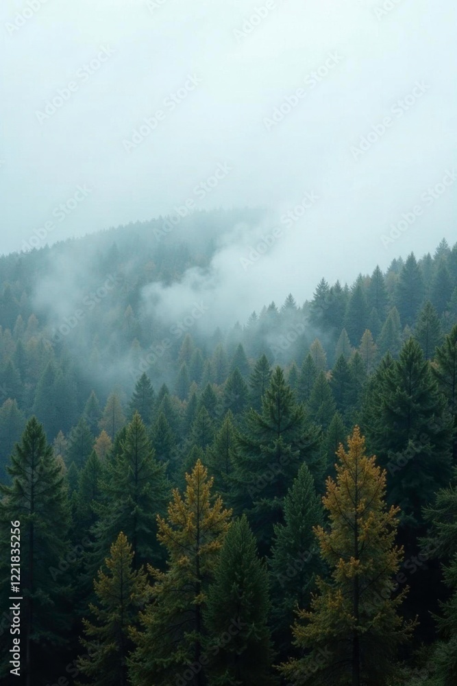 Misty grey fog rolls in over a forest landscape, overcast, fog Misty grey fog rolls in over a forest landscape, overcast, fog