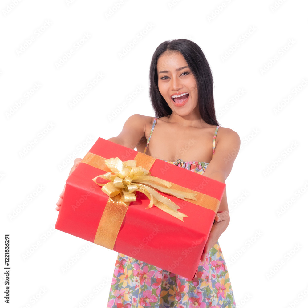 Excited woman in a floral dress holding a large red gift box with a golden ribbon, celebrating a festive occasion, holiday, or special event with joy and happiness isolated on a transparent background Excited woman in a floral dress holding a large red gift box with a golden ribbon, celebrating a festive occasion, holiday, or special event with joy and happiness isolated on a transparent background