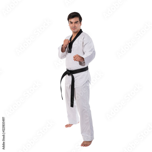 Male Taekwondo athlete in a traditional white dobok with a black belt, demonstrating a fighting stance against isolated on a transparent background