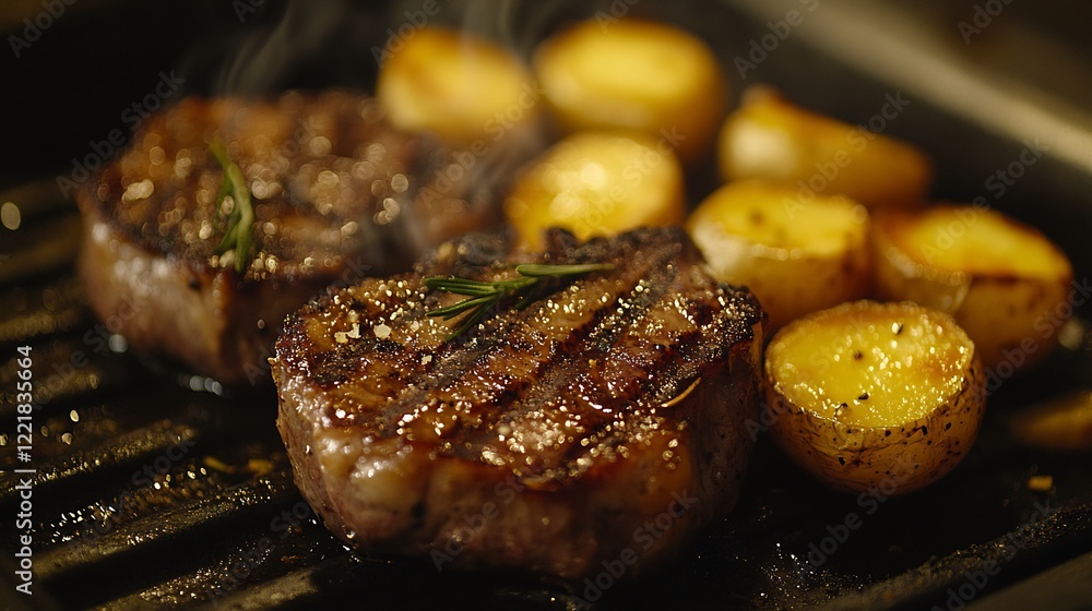 Sizzling steaks and golden potatoes grill beautifully warm light. AI Generated Sizzling steaks and golden potatoes grill beautifully warm light. AI Generated