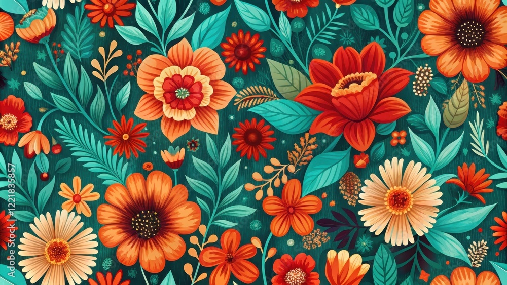 Vibrant Floral Pattern with Teals and Oranges A Seamless Design Featuring Large and Small Blossoms Vibrant Floral Pattern with Teals and Oranges A Seamless Design Featuring Large and Small Blossoms