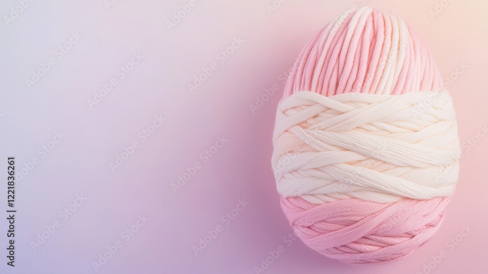 Fototapeta premium Colorful yarn Easter egg on pink gradient background. Handmade Easter day decoration.
