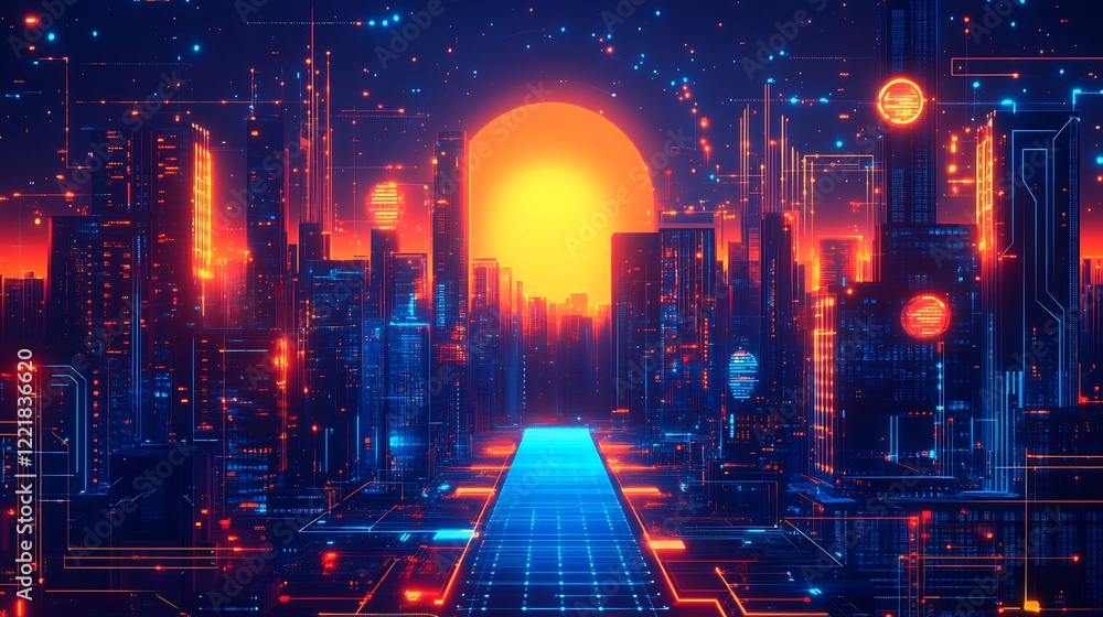 Obraz premium Neon Cityscape Glows Vividly Under a Burning Orange Sunset. AI Generated
