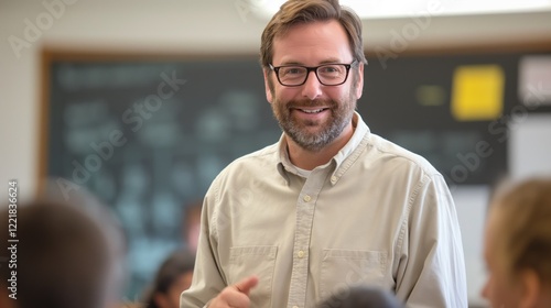 A friendly male teacher actively facilitates a classroom discussion with students in an elementary school setting. His approachable demeanor encourages participation and learning photo