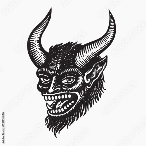 Vintage horned demon illustration, old school tattoo vector