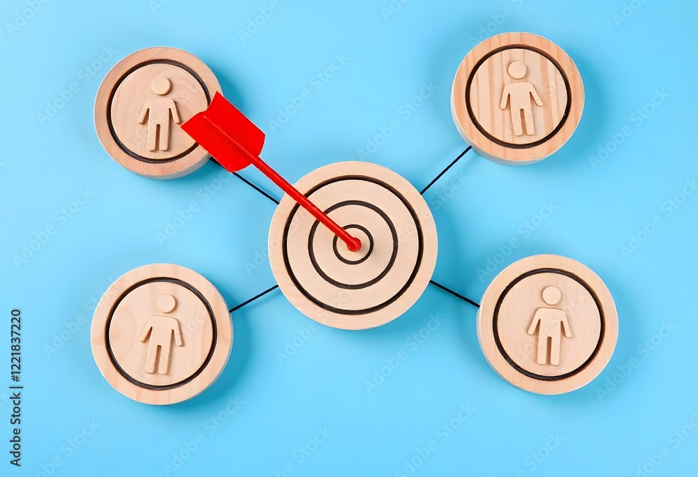 A team collaboration concept using wooden elements on a light blue background. Central Element: A wooden circle with a target and a red arrow hitting the bullseye should be placed at the center A team collaboration concept using wooden elements on a light blue background. Central Element: A wooden circle with a target and a red arrow hitting the bullseye should be placed at the center