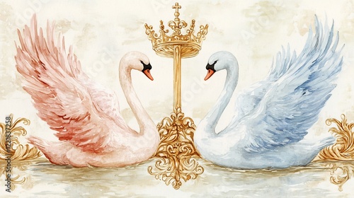 Fototapeta Naklejka Na Ścianę i Meble -  Elegant Swans Majestically Pose Pastel Crown. AI Generated