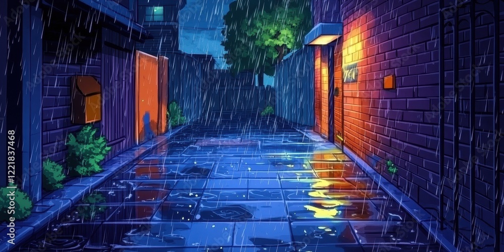 Obraz premium Rainy Night Alleyway Scene Urban Setting Ambiance