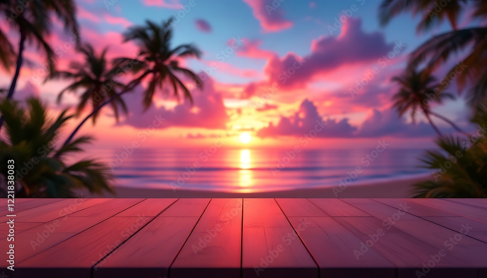 Naklejka premium Serene Tropical Sunset Beach Wooden Deck View