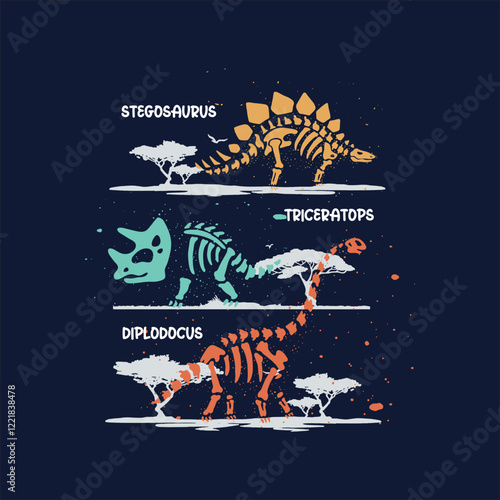 Colorful Dinosaur skeletons. Various bones of prehistoric creatures. Hand drawn modern Vector illustration. Museum, fossil, archaeological finds, paleontology concept. Square seamless Pattern