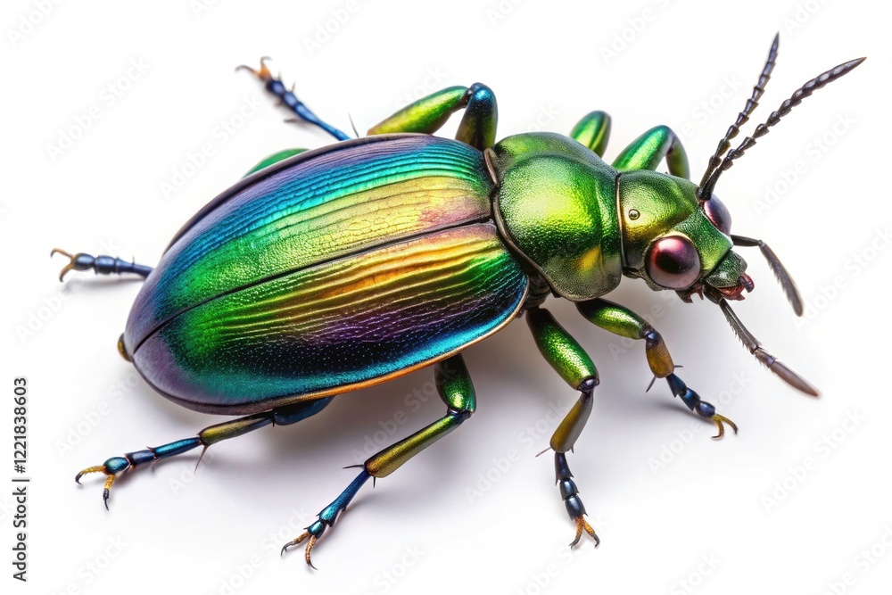 Fototapeta premium Forest Caterpillar Hunter, Calosoma Sycophanta Beetle, Closeup, White Background, Insect Photography, Macro Photography, Nature Photography