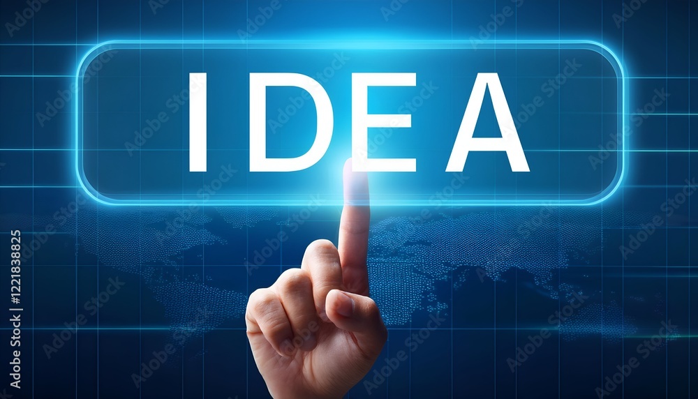 Hand pressing Idea button touch screen on interface with blue background. click, interface, internet,background, pattern, Hand pressing Idea button touch screen on interface with blue background. click, interface, internet,background, pattern,