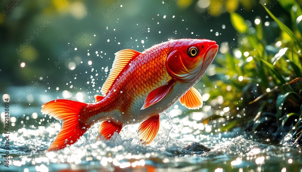 Fototapeta premium Vibrant Red Koi Fish Leaping Water Sparkling Background