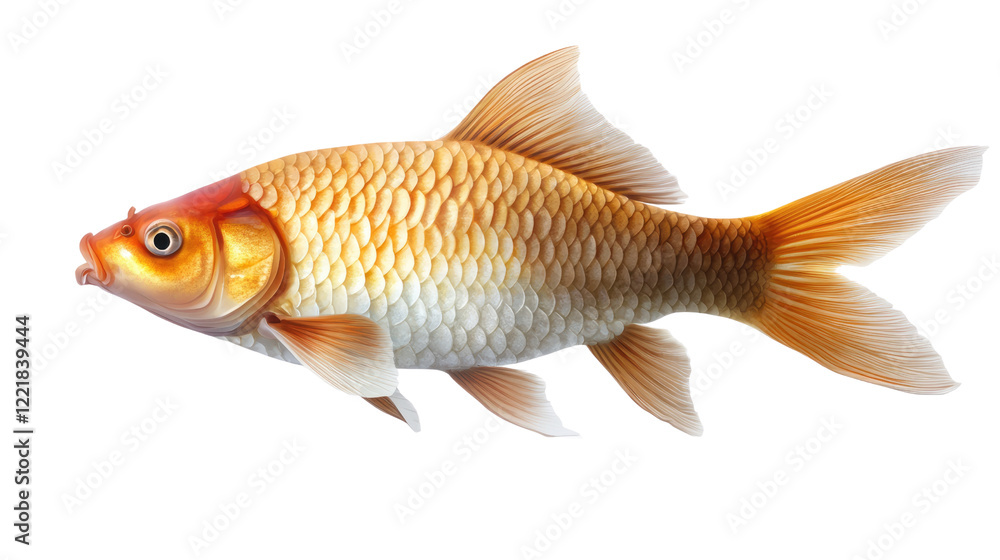 Golden Koi Fish: A vibrant and captivating golden koi fish with intricate scales and flowing fins, isolated against a pristine white background. Golden Koi Fish: A vibrant and captivating golden koi fish with intricate scales and flowing fins, isolated against a pristine white background.