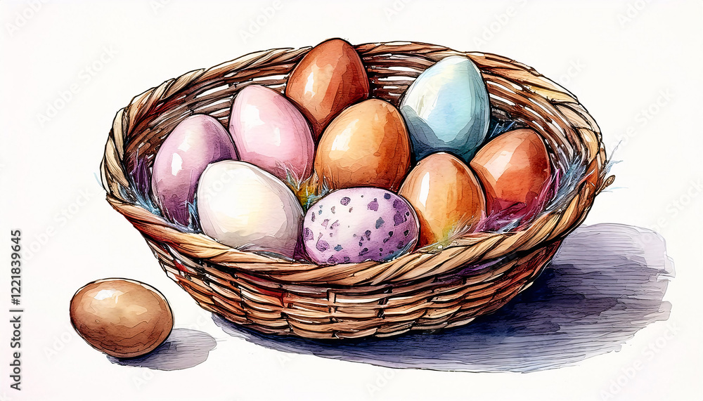A colorful collection of Easter eggs nestled in a woven basket with one egg outside