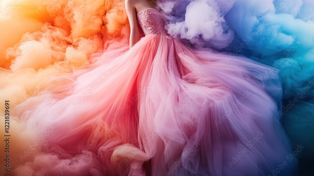Colorful tulle gown amidst vibrant smoke.