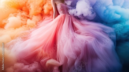 Obraz na płótnie Colorful tulle gown amidst vibrant smoke. w salonie