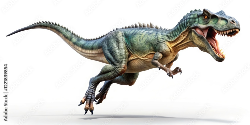 Obraz premium Giganotosaurus Jump, Dinosaur Leap, White Background, Prehistoric Creature, Giant Theropod, Jurassic Park Style, Dinosaur Action, Paleontology Illustration, Stock Photo, Wildlife Image