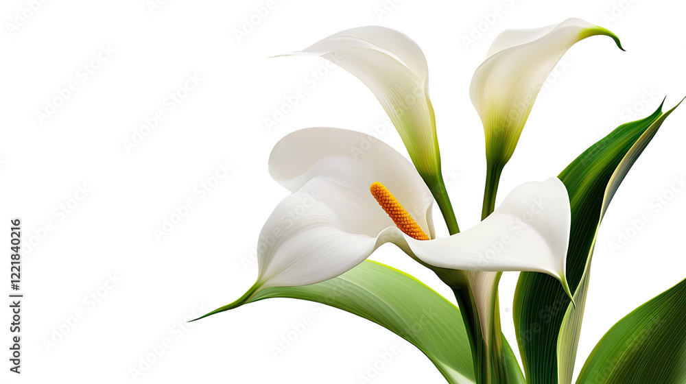 Elegant Calla Lilies: A trio of pristine white Calla lilies, with their distinctive trumpet-shaped blooms and lush green leaves, creates a stunning visual against a minimalist backdrop. Elegant Calla Lilies: A trio of pristine white Calla lilies, with their distinctive trumpet-shaped blooms and lush green leaves, creates a stunning visual against a minimalist backdrop.
