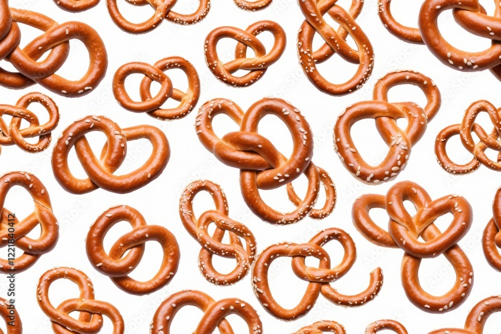 Obraz premium Pattern of salted pretzels on a white background with a closeup view of crunchy and baked snacks, showcasing a delicious and tasty treat for breakfast or dessert