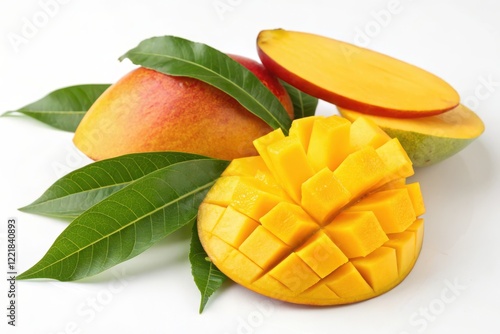 Fresh Mango Slices with Leaves on White Background for Culinary and Tropical Promotions photo