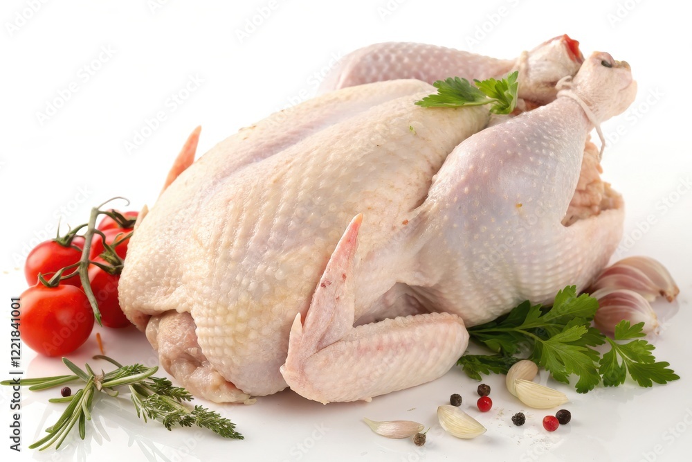 Fresh Whole Chicken with Herbs and Vegetables on White Background for Culinary Use Fresh Whole Chicken with Herbs and Vegetables on White Background for Culinary Use