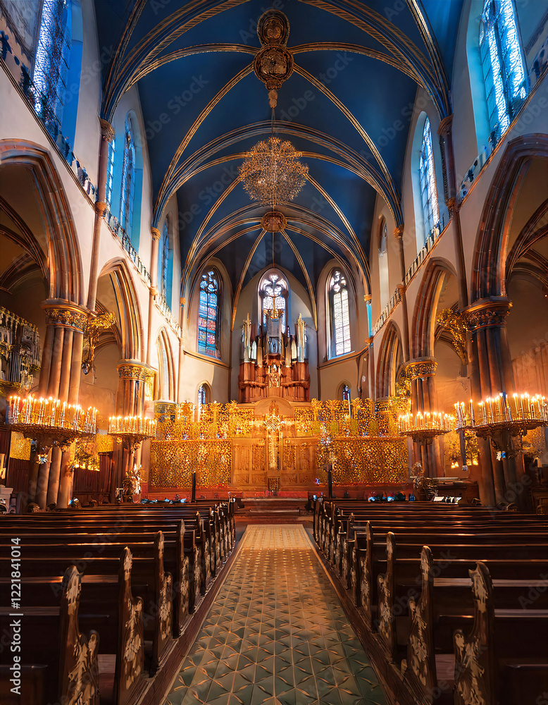 Fototapeta premium A grand church interior with a high vaulted ceiling, ornate altar, and rows of pews