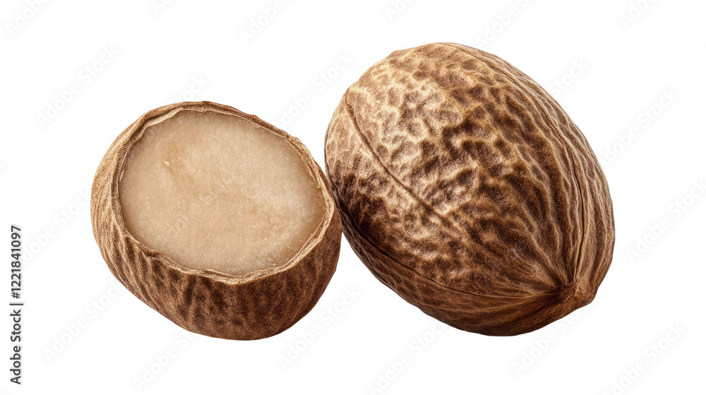 Nutmeg Spice: A close-up image showcasing the intricate detail of a whole nutmeg and a halved nutmeg revealing its seed. The image exudes warmth and a sense of spice. Nutmeg Spice: A close-up image showcasing the intricate detail of a whole nutmeg and a halved nutmeg revealing its seed. The image exudes warmth and a sense of spice.
