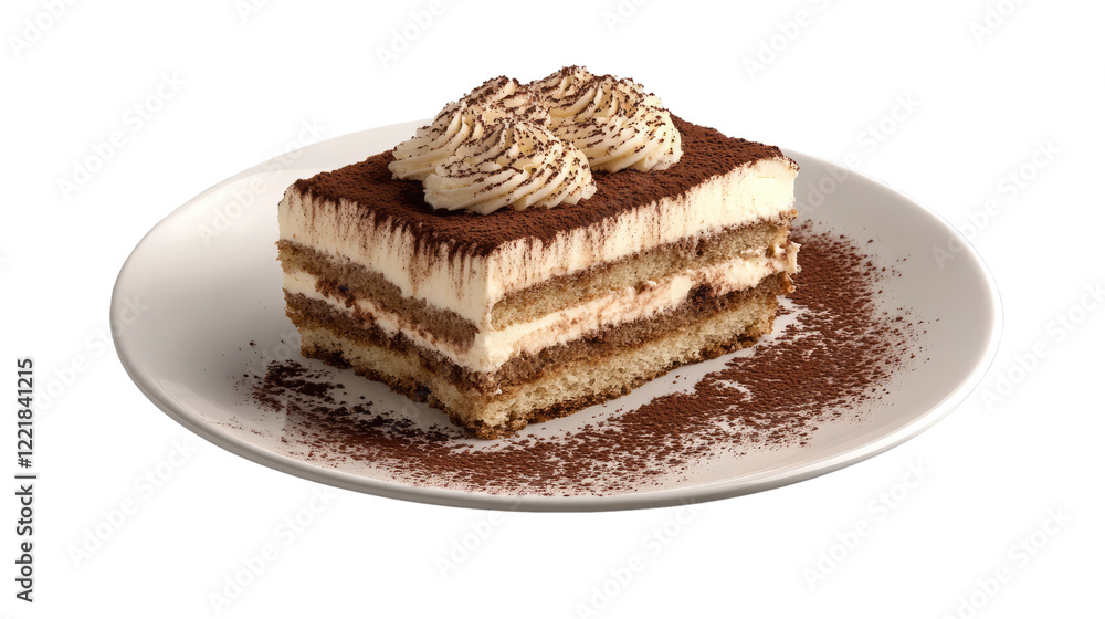 Decadent Tiramisu Slice: A delectable slice of classic tiramisu, featuring layers of coffee-soaked ladyfingers, creamy mascarpone cheese, and dusted with cocoa powder, served on a pristine plate. Decadent Tiramisu Slice: A delectable slice of classic tiramisu, featuring layers of coffee-soaked ladyfingers, creamy mascarpone cheese, and dusted with cocoa powder, served on a pristine plate.