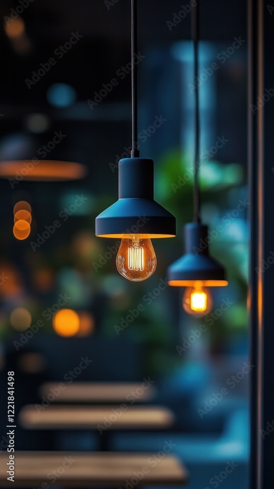 Obraz premium Illuminating Ambiance Stylish Pendant Lamps Casting Warm Glow in Modern Decor Suspended lighting fixtures create a cozy inviting atmosphere in a residential commercial or hospitality setting