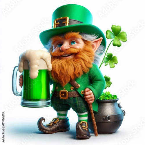 Cheerful leprechaun wearing a green hat holding a glass beer and shamrock celebrating St Patricks Day with an Irish festive theme illustration photo